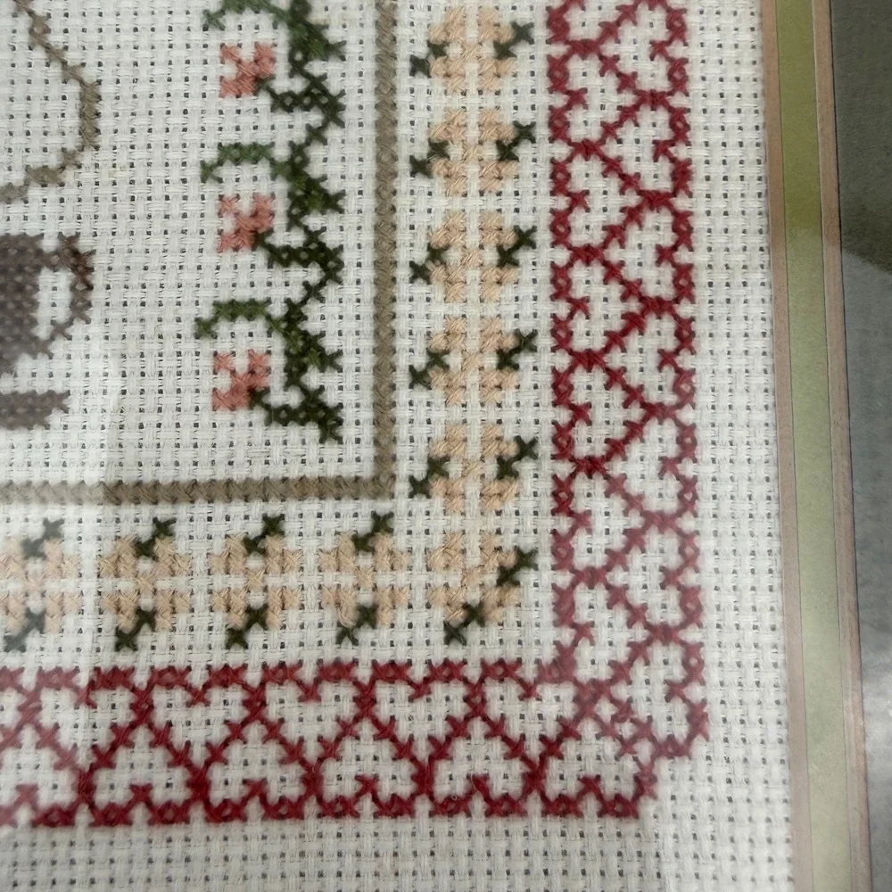 Vintage 1989 Handmade Cross Stitch Framed Art Welcome Friend Sit A Spell 11x14